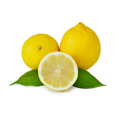Naklejka na ściany i meble Ripe juicy lemon with a leaf isolated on white background