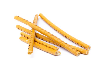 Salty cracker pretzel sticks isolated on white background