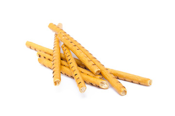 Salty cracker pretzel sticks isolated on white background