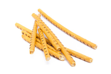Salty cracker pretzel sticks isolated on white background