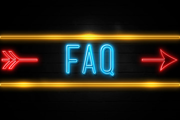 Faq  - fluorescent Neon Sign on brickwall Front view