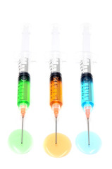 Syringe injection on a white background close up