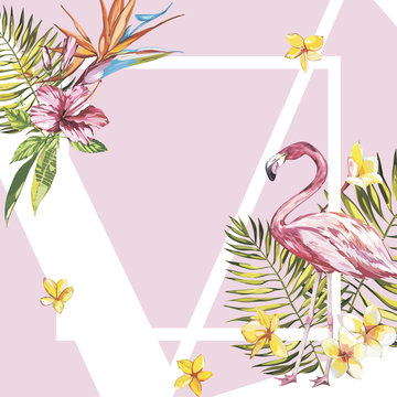 Banner, poster with flamingo, palm leaves, jungle leaf. Beautiful vector floral tropical summer background. EPS 10