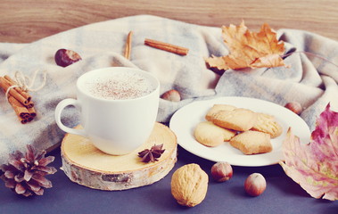 Tea Cup Hot Coffee Cappuccino Autumn Time Tinted Toned Photo Knitting Scarf Yellow Leaves Chestnuts Black Background