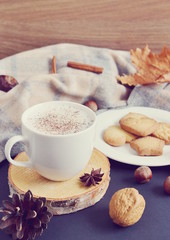 Tea Cup Hot Coffee Cappuccino Autumn Time Tinted Toned Photo Knitting Scarf Yellow Leaves Chestnuts Black Background