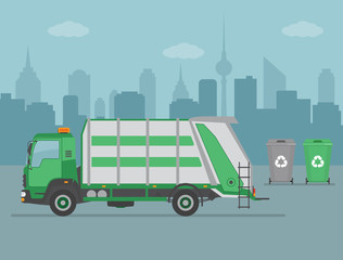 Garbage truck and garbage cans on city background. Ecology and recycle concept. Vector illustration. 
