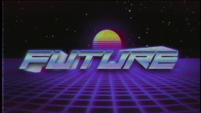 Future text with retrofuturistic synthwave background. Grid landscape and sun. VHS damage tape style.