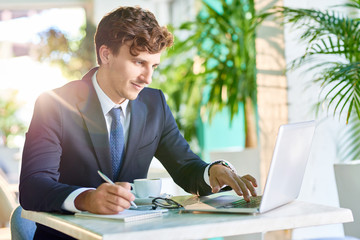 Portrait of handsome young businessman working at desk using laptop and smiling in sunlight