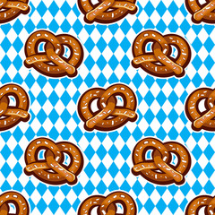 Seamless pattern with pretzels for Oktoberfest on Bavarian flag background.
