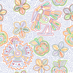 Mexican embroidery seamless pattern. Colorful and ornate ethnic pattern. Birds and flowers light background. Floral background with bright ethnic ornament.