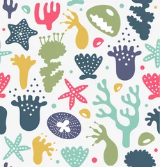 Muurstickers Coral reefs seamless pattern, decorative cute background, vector marine texture, sealife © silmen