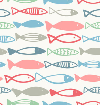 Decorative drawn pattern with fishes. Seamless marine background. Cute fabric texture