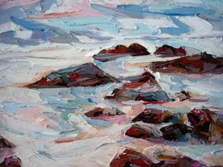 Sea crashing foam rocks oil painting texture closeup.