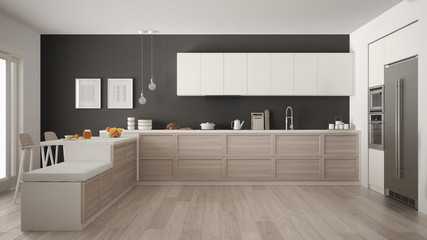 Classic modern kitchen with wooden details and parquet floor, minimalist white and gray interior design