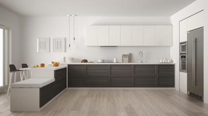 Fototapeta na wymiar Classic modern kitchen with wooden details and parquet floor, minimalist white and gray interior design