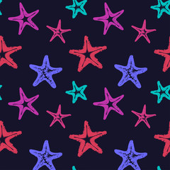 Fototapeta na wymiar Vivid Seamless Vector Pattern with Multicolored Starfish Drawings