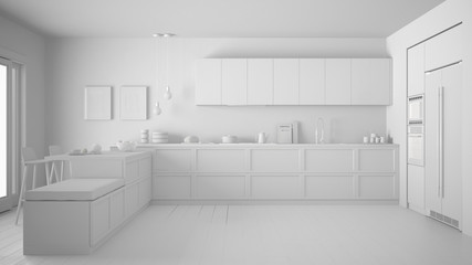 Total white project of classic kitchen with parquet floor, minimalist interior design