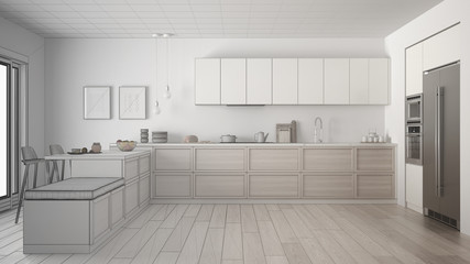 Unfinished project of classic kitchen with wooden details and parquet floor, minimalist white interior design