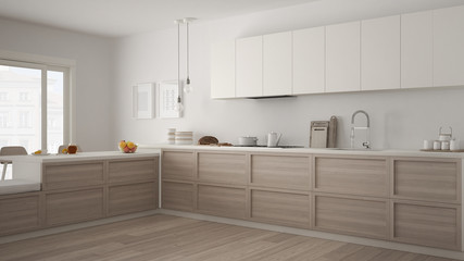 Fototapeta na wymiar Classic kitchen with wooden details and parquet floor, minimalist white interior design