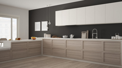 Classic kitchen with wooden details and parquet floor, minimalist white and gray interior design