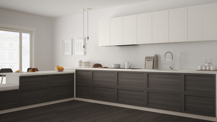 Classic kitchen with wooden details and parquet floor, minimalist white and gray interior design