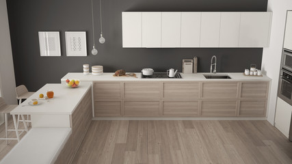 Fototapeta na wymiar Modern kitchen with wooden details and parquet floor, minimalist white and gray interior design, top view