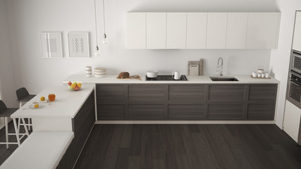 Fototapeta na wymiar Modern kitchen with wooden details and parquet floor, minimalist white and gray interior design, top view