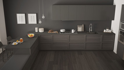 Modern kitchen with wooden details and parquet floor, minimalist white and gray interior design, top view