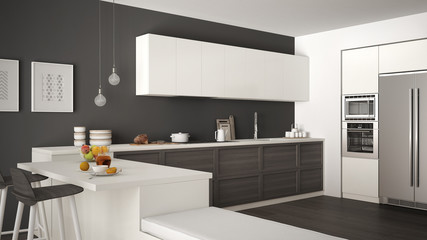 Classic kitchen with wooden details and parquet floor, healthy breakfast, minimalist white and gray interior design