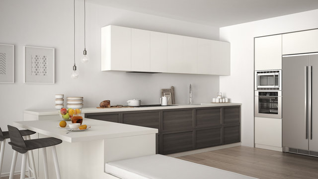 Classic kitchen with wooden details and parquet floor, healthy breakfast, minimalist white and gray interior design