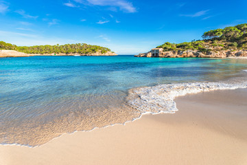Beach scenery of Cala S'Amarador beautiful coast at Mondrago Natural Park on Majorca island, Spain