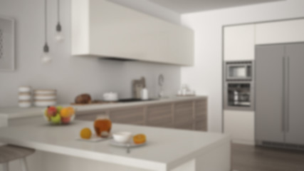 Blur background interior design, classic kitchen with healthy breakfast