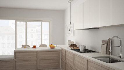 Modern kitchen with wooden details and parquet floor, healthy breakfast, minimalist white interior design