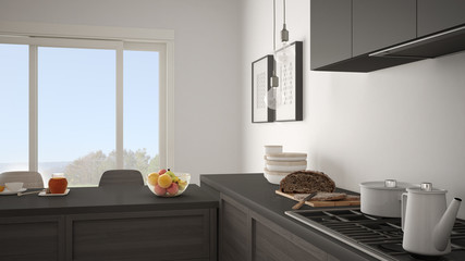 Modern kitchen with wooden details and parquet floor, healthy breakfast, minimalist white and gray interior design