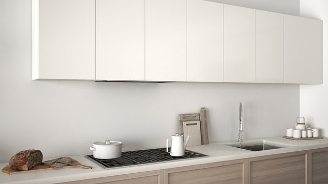 Modern kitchen with wooden details close up, white minimalist classic interior design
