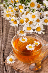 Herbal tea with fresh chamomile flowers on old wooden background