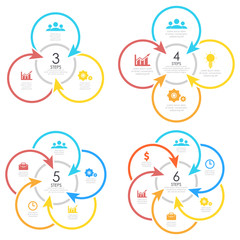 Set outline round infographic element. Circle template 3, 4, 5, 6 steps with arrows.