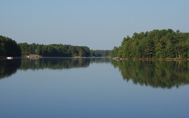 Summer morning looking down the calm lake