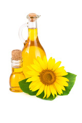 Sunflower oil and flower isolated on white background