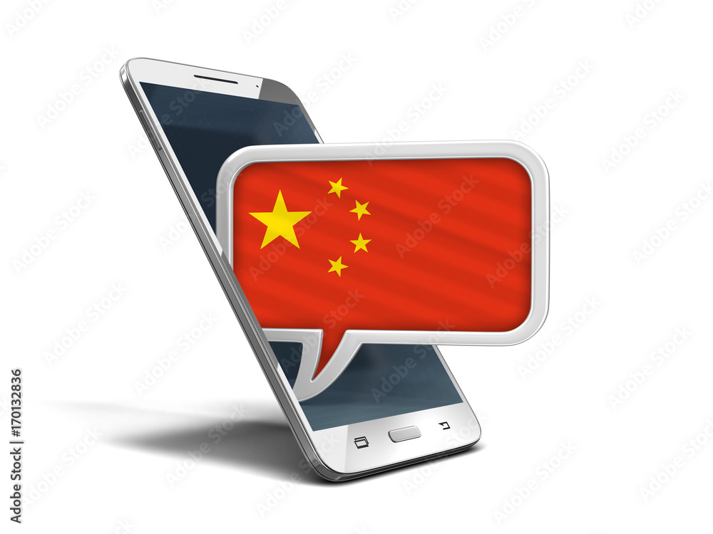 Poster touchscreen smartphone and speech bubble with chinese flag. image with clipping path