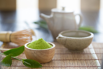 Set of matcha powder bowl wooden spoon and whisk green tea leaf Organic Green Matcha Tea ceremony