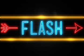 Obraz premium Flash - fluorescent Neon Sign on brickwall Front view