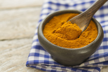 Turmeric powder in bowl and spoon on wooden table (curcuma longa)