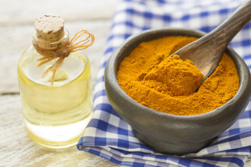 Turmeric powder in bowl and spoon on wooden table (curcuma longa)
