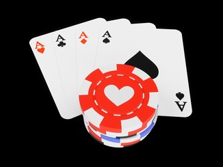 Obraz premium 3D Rendering casino chips and cards on a black background