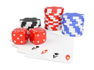 3D Rendering casino chips, dices, and cards on a white background