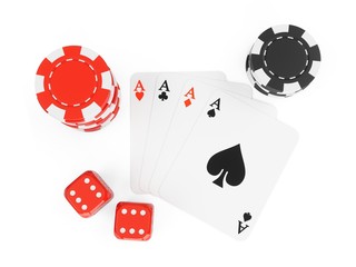 3D Rendering casino chips, dices, and cards on a white background
