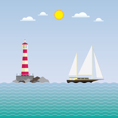 Naklejka premium sailboat and lighthouse, sailboat past the lighthouse