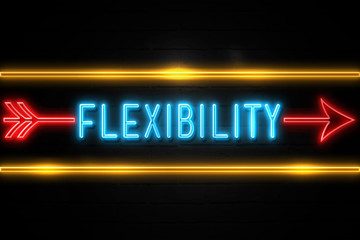 Flexibility  - fluorescent Neon Sign on brickwall Front view