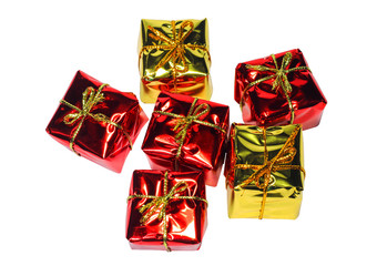 Closeup Arrangement of Beautiful Gift Box christmas decorations on a white background